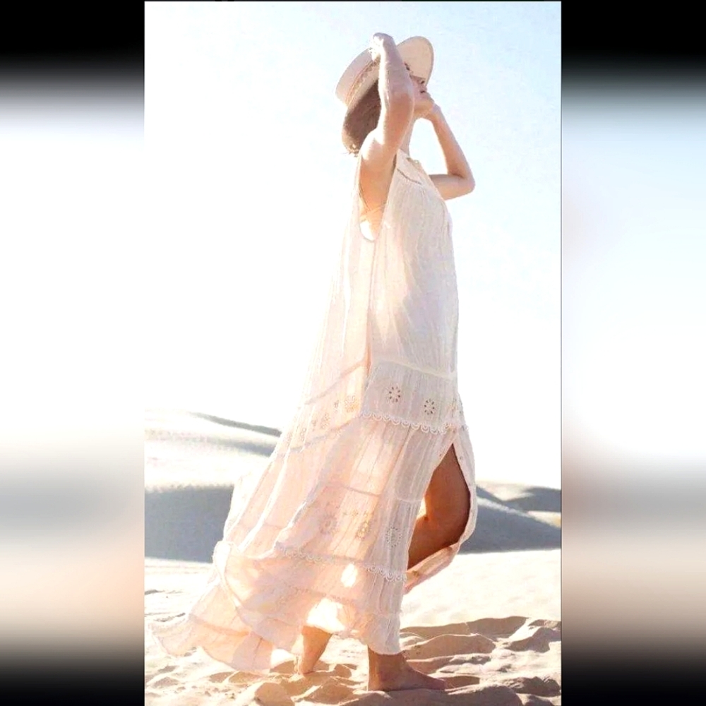 Nwot Free People Blush Ecru Embroidered Gauzy Sleeveless Resortwear Maxi…